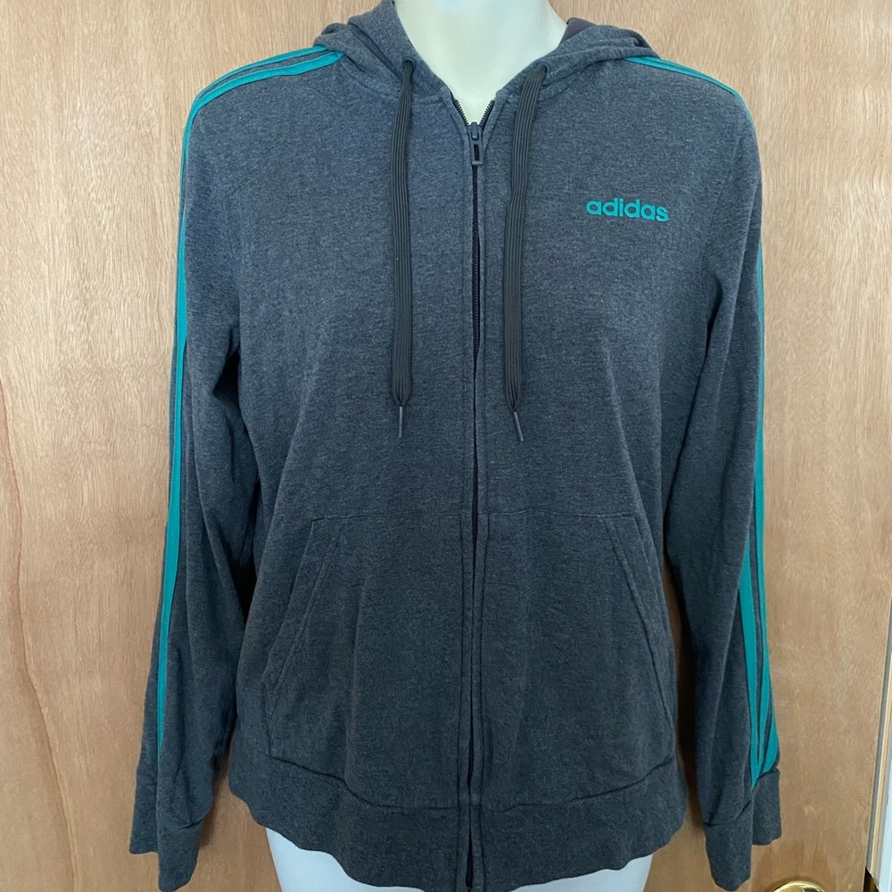 Adidas Sweat Jacket Gray with Blue Stripes on sleeves size Medium